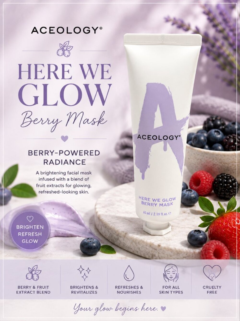 Aceology Here We Glow Berry Mask 2.19 oz 65mL Brightening Face Mask